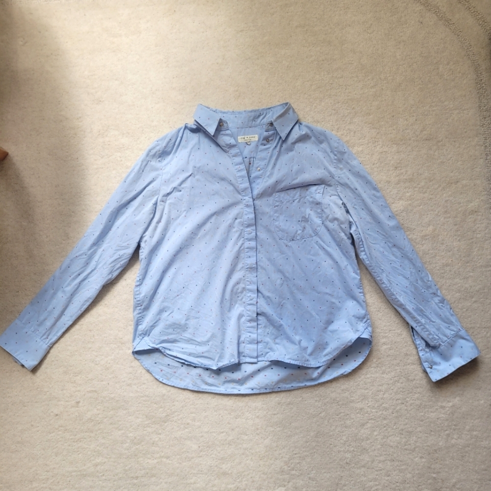 Rag & Bone Soft Blue Button Down Blouse with Playful Dot Pattern - Women's Large